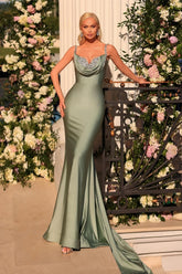 Gorgeous Long Dusty Sage Mermaid Sleeveless Satin Prom Evening Dresses with Glitter